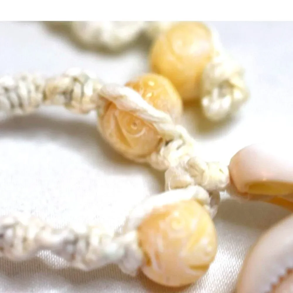 Vintage Island Cowrie/Nassa Shell Flower Etched Beads Braided Hemp 15